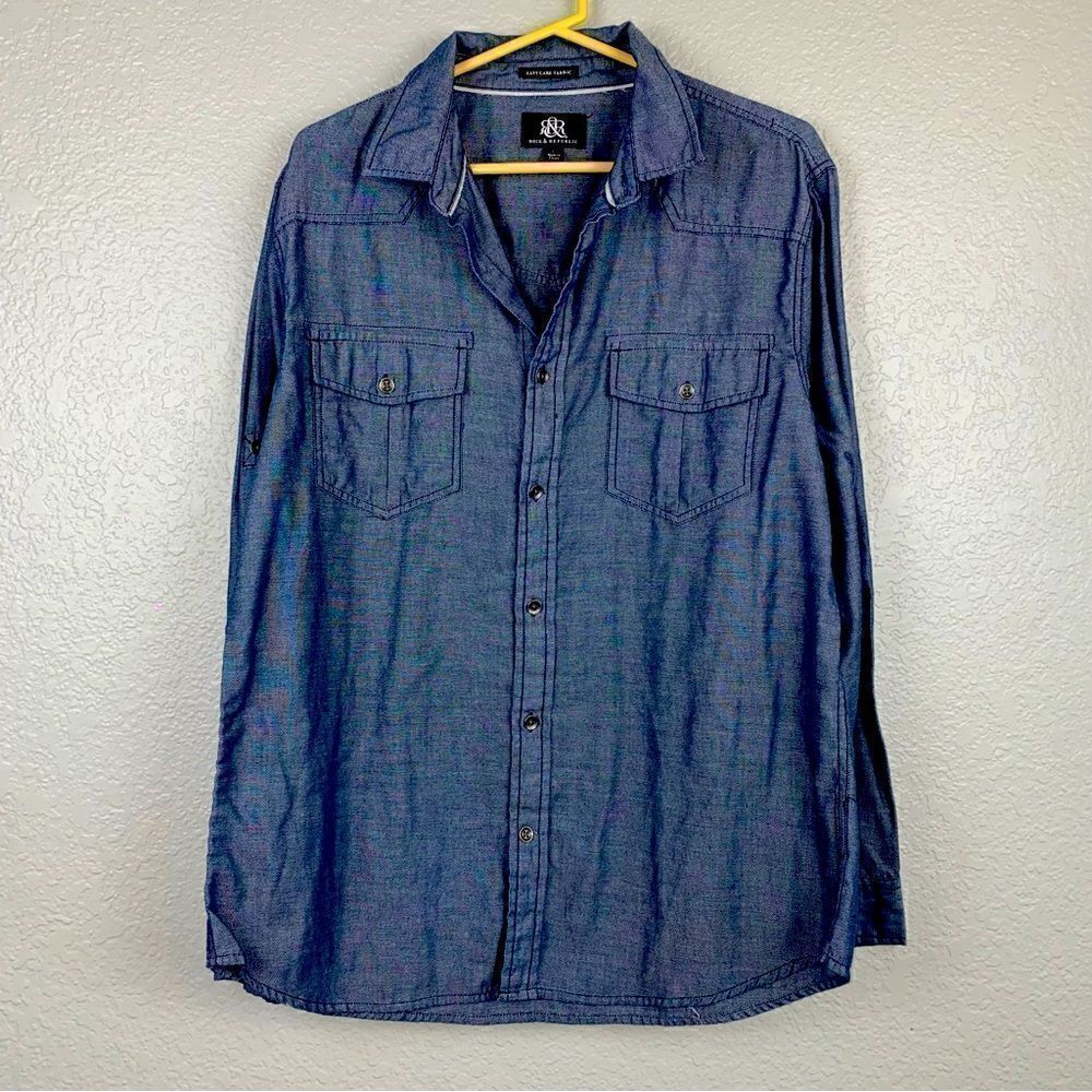 Rock & Republic Ladies Denim Dress Shirt, Long Sleeve Blue Size Large